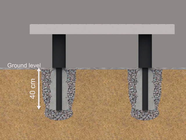 Elements bänk rak med ryggstöd för nedgjutning